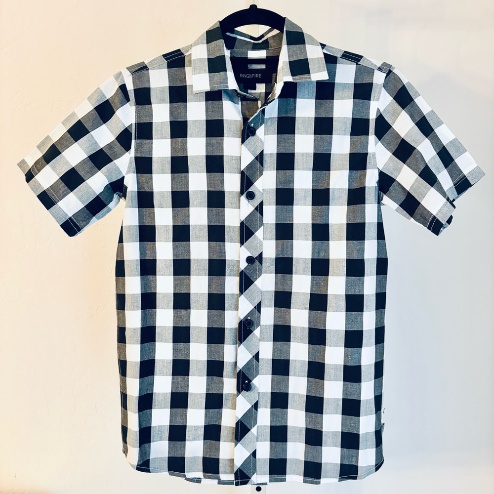 Ring of Fire Boys Black & White Buffalo Check Button Front Shirt, M